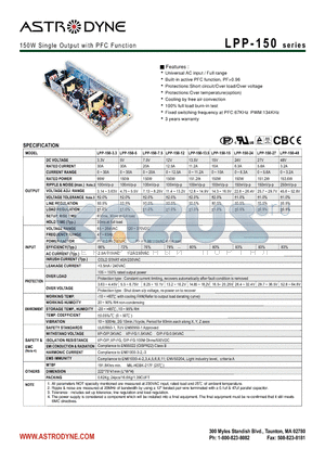 LPP-150-15 datasheet - 150W Single Output with PFC Function