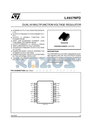 L4937NPD datasheet - DUAL 5V MULTIFUNCTION VOLTAGE REGULATOR