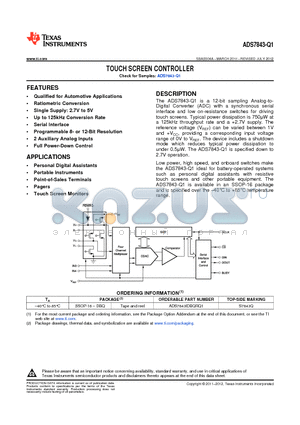 ADS7843-Q1 datasheet - TOUCH SCREEN CONTROLLER