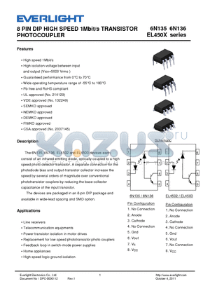 6N135 datasheet - 8 PIN DIP HIGH SPEED 1Mbit/s TRANSISTOR