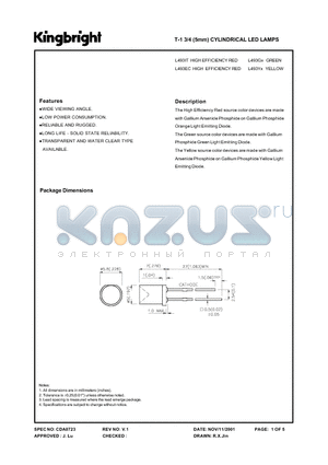 L493EC datasheet - T-1 3/4 (5mm) CYLINDRICAL LED LAMPS