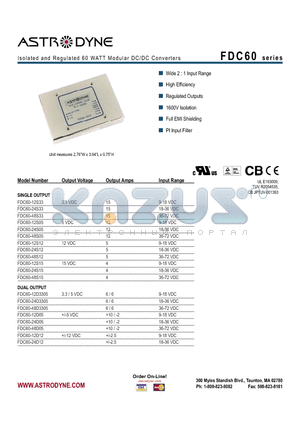 FDC60-24D12 datasheet - Isolated and Regulated 60 WATT Modular DC/DC Converters