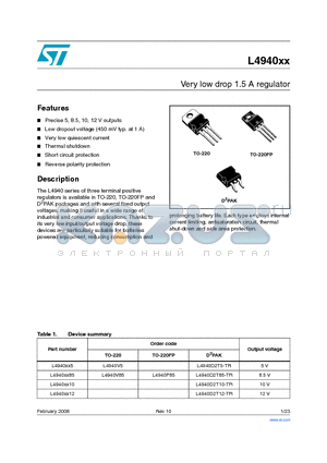 L4940D2T10-TR datasheet - Very low drop 1.5 A regulator