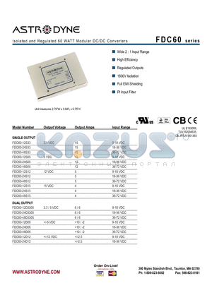 FDC60-48S15 datasheet - Isolated and Regulated 60 WATT Modular DC/DC Converters