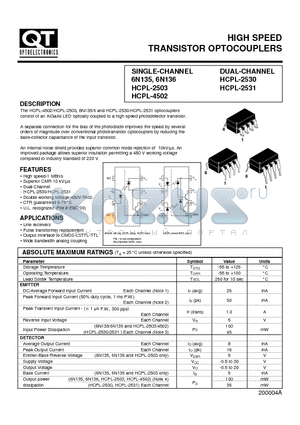 6N136 datasheet - HIGH SPEED TRANSISTOR OPTOCOUPLERS