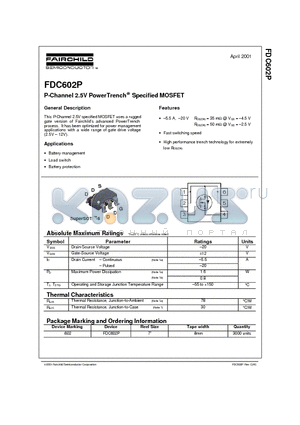 FDC602P_01 datasheet - P-Channel 2.5V PowerTrench Specified MOSFET