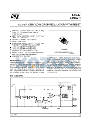 L4947 datasheet - 5V-0.5A VERY LOW DROP REGULATOR WITH RESET