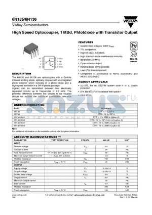 6N136 datasheet - High Speed Optocoupler, 1 MBd, Phtotdiode with Transistor Output