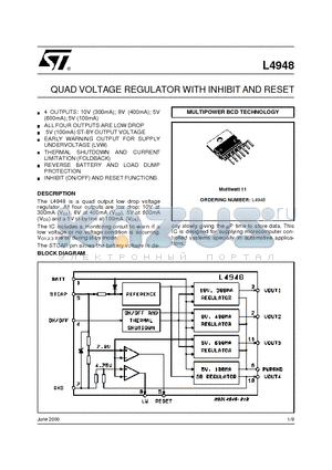 L4948 datasheet - QUAD VOLTAGE REGULATOR WITH INHIBIT AND RESET