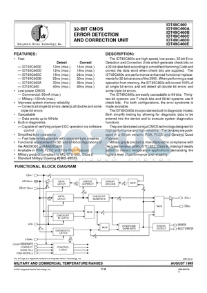 IDT49C460A datasheet - 32-BIT CMOS ERROR DETECTION AND CORRECTION UNIT