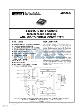 ADS7864Y/2K datasheet - 500kHz, 12-Bit, 6-Channel Simultaneous Sampling ANALOG-TO-DIGITAL CONVERTER