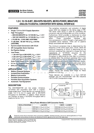 ADS7866IDBVR datasheet - 1.2-V, 12-/10-/8-BIT, 200-KSPS/100-KSPS, MICRO-POWER, MINIATURE ANALOG-TO-DIGITAL CONVERTER WITH SERIAL INTERFACE