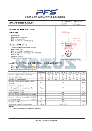 LPR254 datasheet - PRESS F IT AUTOMOTIVE RECTIFIER