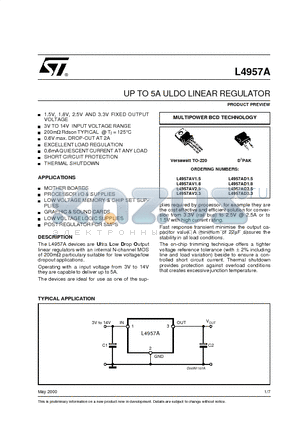 L4957AD2.5 datasheet - UP TO 5A ULDO LINEAR REGULATOR