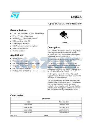 L4957AD2.5TR datasheet - Up to 5A ULDO linear regulator