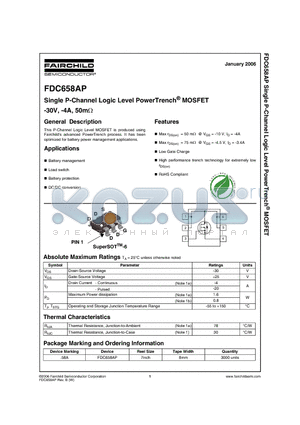 FDC658AP datasheet - Single P-Channel Logic Level PowerTrench^ MOSFET -30V, -4A, 50mOhm