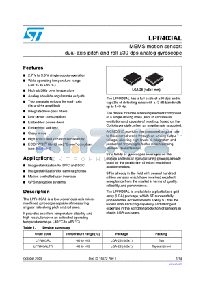 LPR403ALTR datasheet - MEMS motion sensor: dual-axis pitch and roll a30 dps analog gyroscope