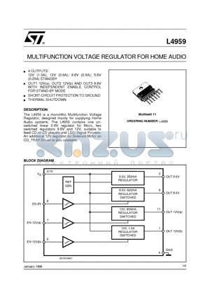 L4959 datasheet - MULTIFUNCTION VOLTAGE REGULATOR FOR HOME AUDIO