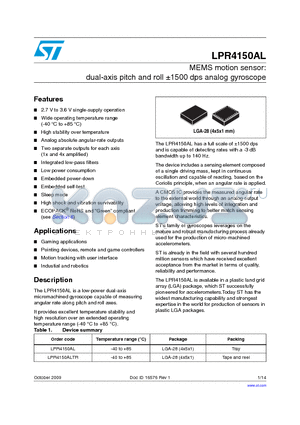 LPR4150AL datasheet - MEMS motion sensor: dual-axis pitch and roll a1500 dps analog gyroscope