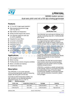 LPR410ALTR datasheet - MEMS motion sensor: dual-axis pitch and roll a100 dps analog gyroscope