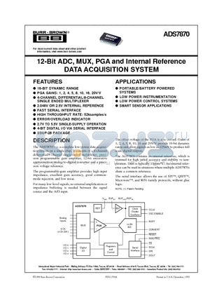ADS7870 datasheet - 12-Bit ADC, MUX, PGA and Internal Reference DATA ACQUISITION SYSTEM