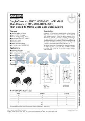 6N137SD datasheet - High Speed-10 MBit/s Logic Gate Optocouplers