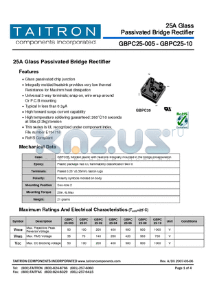 GBPC25-02 datasheet - 25A Glass Passivated Bridge Rectifier