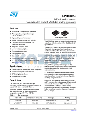 LPR430ALTR datasheet - MEMS motion sensor: dual-axis pitch and roll a300 dps analog gyroscope