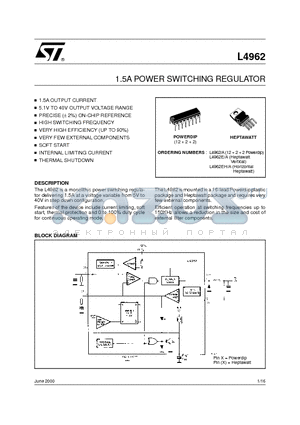 L4962_00 datasheet - 1.5A POWER SWITCHING REGULATOR