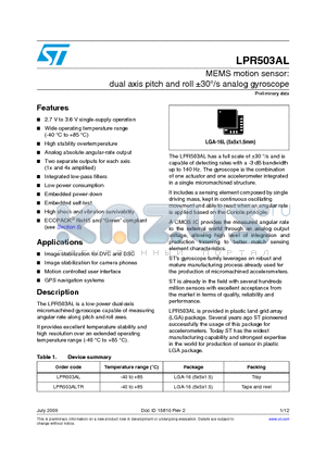 LPR503ALTR datasheet - MEMS motion sensor: dual axis pitch and roll a30`/s analog gyroscope