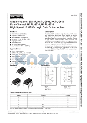 6N137W datasheet - HIGH SPEED-10 MBit/s LOGIC GATE OPTOCOUPLERS