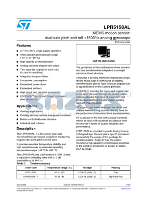 LPR5150AL datasheet - MEMS motion sensor: dual axis pitch and roll a1500`/s analog gyroscope