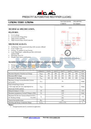 LPR504 datasheet - PRESS FIT AUTOMOTIVE RECTIFIER (LUCAS)