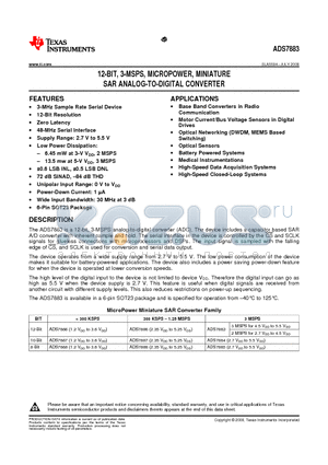 ADS7883SB datasheet - 12-BIT, 3-MSPS, MICROPOWER, MINIATURE SAR ANALOG-TO-DIGITAL CONVERTER