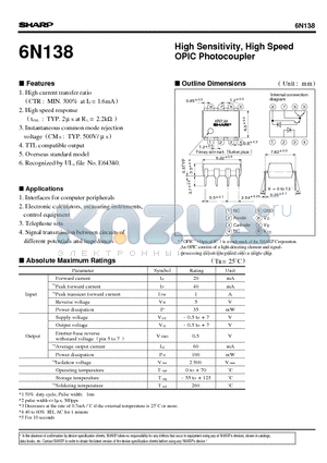 6N138 datasheet - High Sensitivity, High Speed OPIC Photocoupler