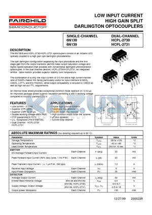 6N138 datasheet - LOW INPUT CURRENT HIGH GAIN SPLIT DARLINGTON OPTOCOUPLERS