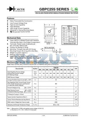 GBPC2500S datasheet - 25A GLASS PASSIVATED SINGLE-PHASE BRIDGE RECTIFIER