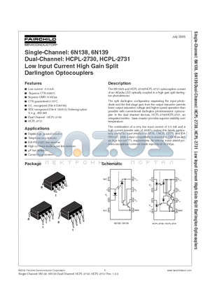 6N138S datasheet - LOW INPUT CURRENT HIGH GAIN SPLIT DARLINGTON OPTOCOUPLERS