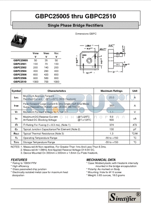 GBPC2501 datasheet - Single Phase Bridge Rectifiers