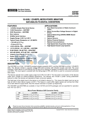 ADS7887SDCKT datasheet - 10-/8-Bit, 1.25-MSPS, MICRO-POWER, MINIATURE SAR ANALOG-TO-DIGITAL CONVERTERS