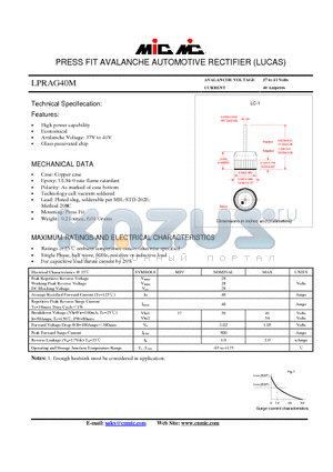 LPRAG40M datasheet - PRESS FIT AVALANCHE AUTOMOTIVE RECTIFIER (LUCAS)