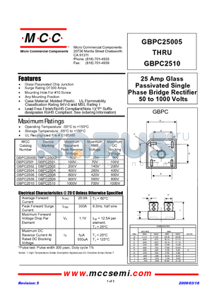 GBPC2501 datasheet - 25 Amp Glass Passivated Single Phase Bridge Rectifier 50 to 1000 Volts