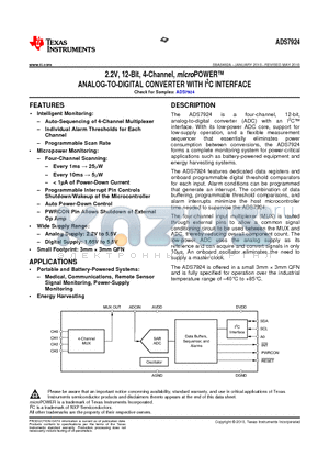 ADS7924IRTET datasheet - 2.2V, 12-Bit, 4-Channel, microPOWER ANALOG-TO-DIGITAL CONVERTER WITH I2C INTERFACE