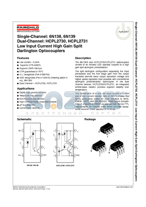 6N139 datasheet - Low Input Current High Gain Split Darlington Optocouplers
