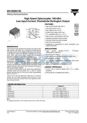 6N139-X007 datasheet - High Speed Optocoupler, 100 kBd, Low Input Current, Photodiode Darlington Output