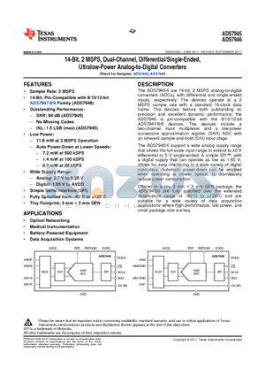 ADS7946SRTER datasheet - 14-Bit, 2 MSPS, Dual-Channel, Differential/Single-Ended, Ultralow-Power Analog-to-Digital Converters