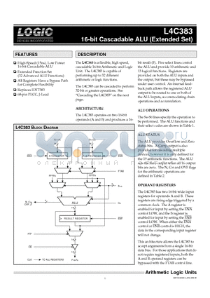 L4C383JC20 datasheet - 16-bit Cascadable ALU (Extended Set)