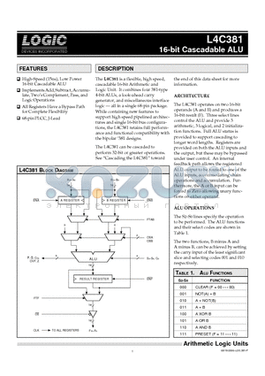 L4C381 datasheet - 16-bit Cascadable ALU