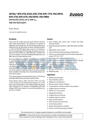 6N140A datasheet - Hermetically Sealed, Low IF, Wide VCC, High Gain Optocouplers