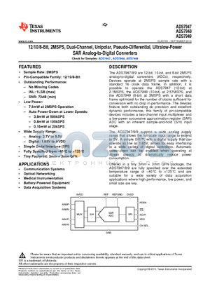 ADS7947 datasheet - 12/10/8-Bit 2MSPS, Dual-Channel Unipolar Pseudo-Differential Ultralow-Power SAR Analog-to-Digital Converters